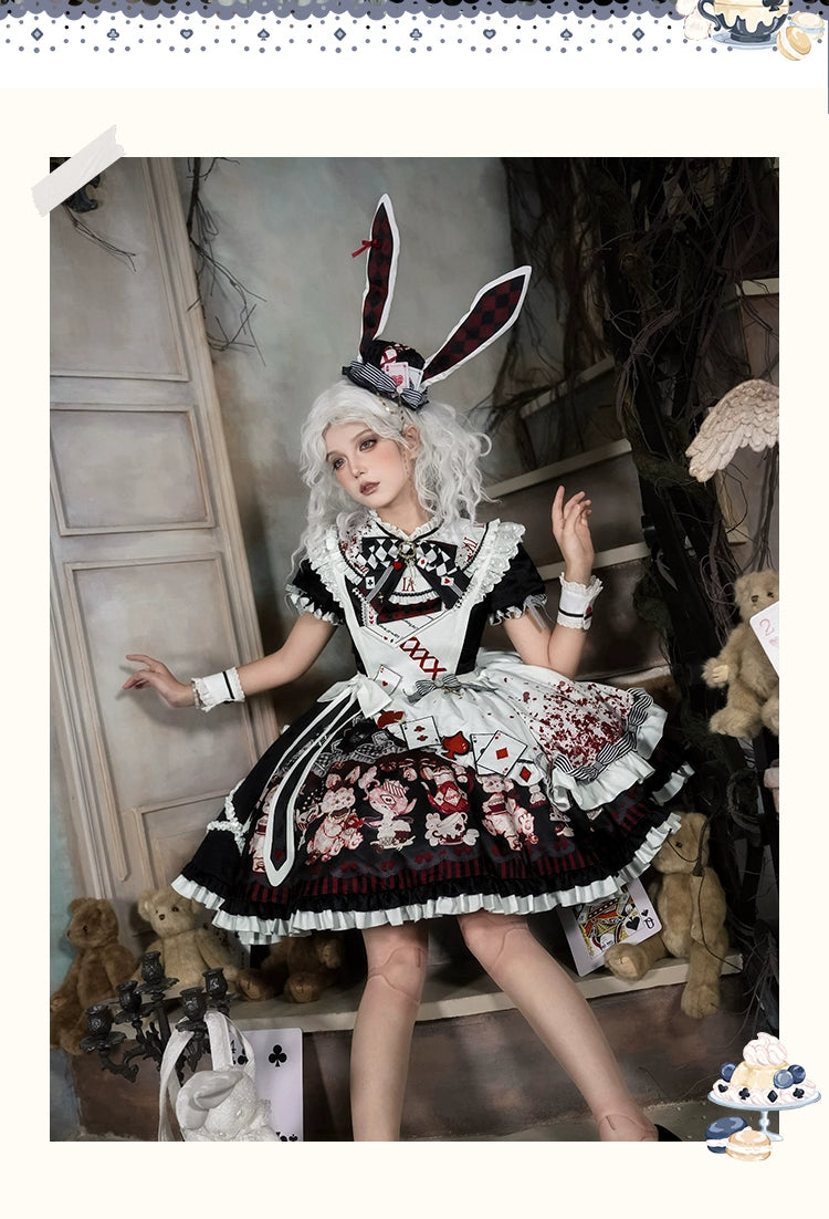 YingLuoFu - Alice - Kawaii Lolita OP Dress, Rabbit & Playing Card Motifs