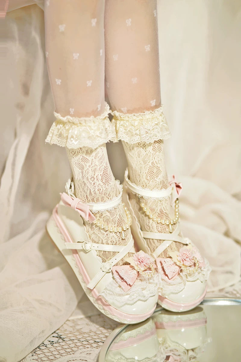 Pearl Floral Reverie - Sweet Lolita Shoes, Detachable Pearl Chain and Floral Accent 45531:852202