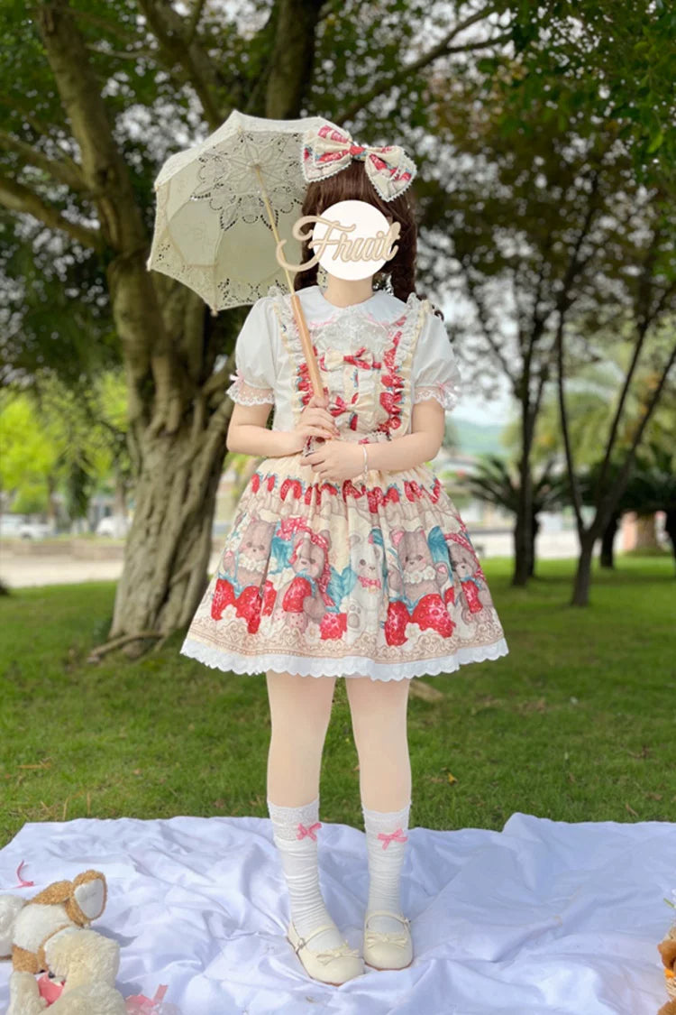 Bearberry Pastry Chef - Kawaii Lolita Salopette Dress, Bear & Strawberry Print