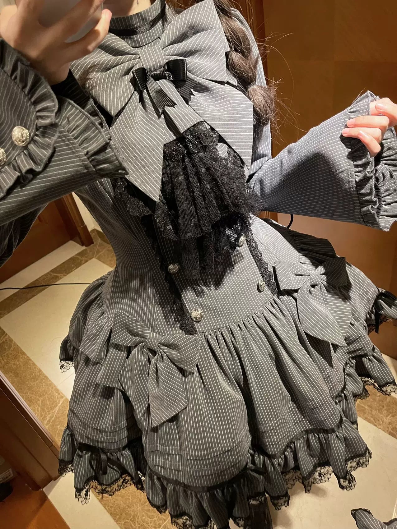 Phantom Kitty - Old School Lolita Low Waist OP Dress, Lace & Bow 45119:836208