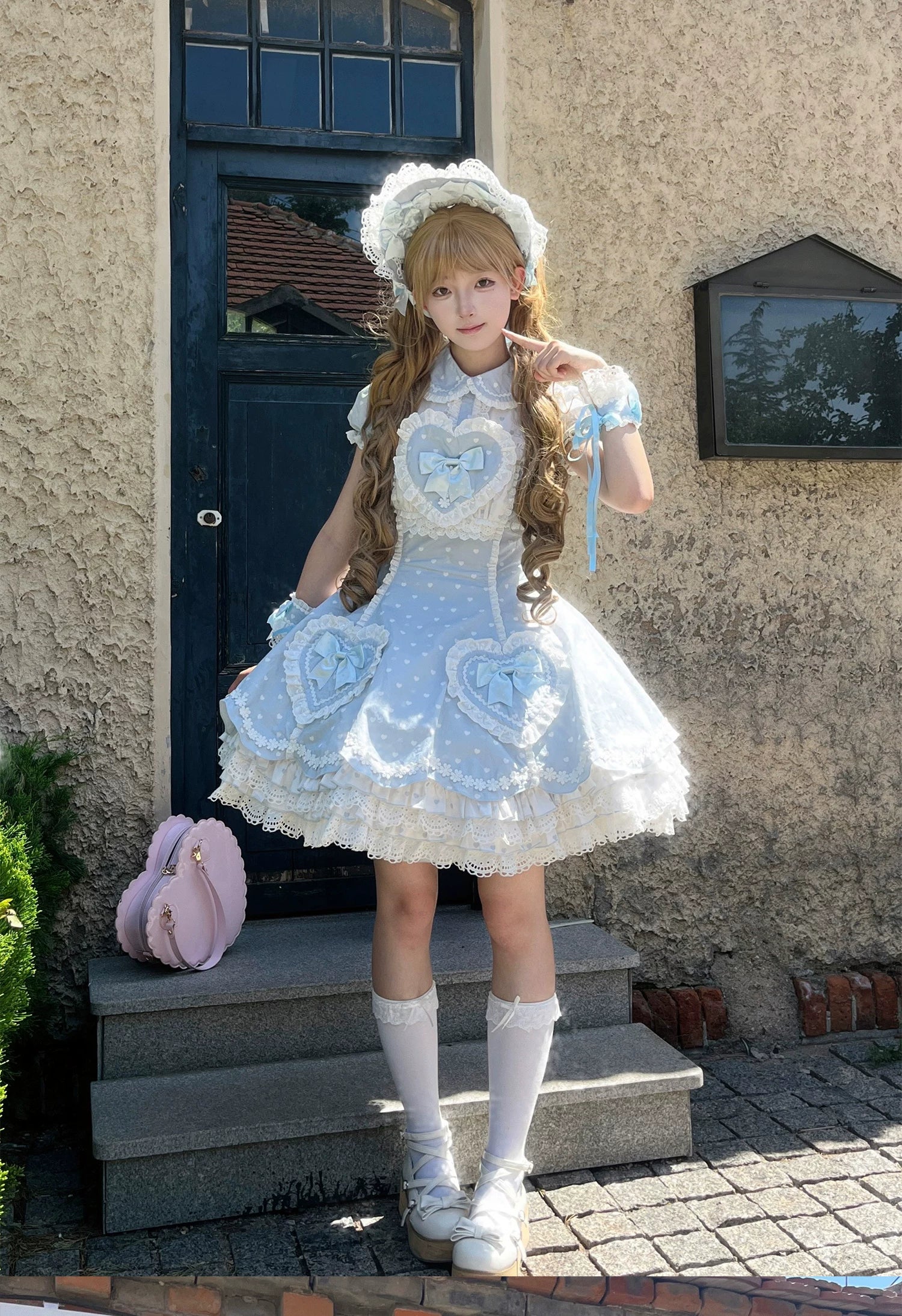 Maiden's Heart Knot - Cotton Old School Lolita Dress, Heart Polka Dot