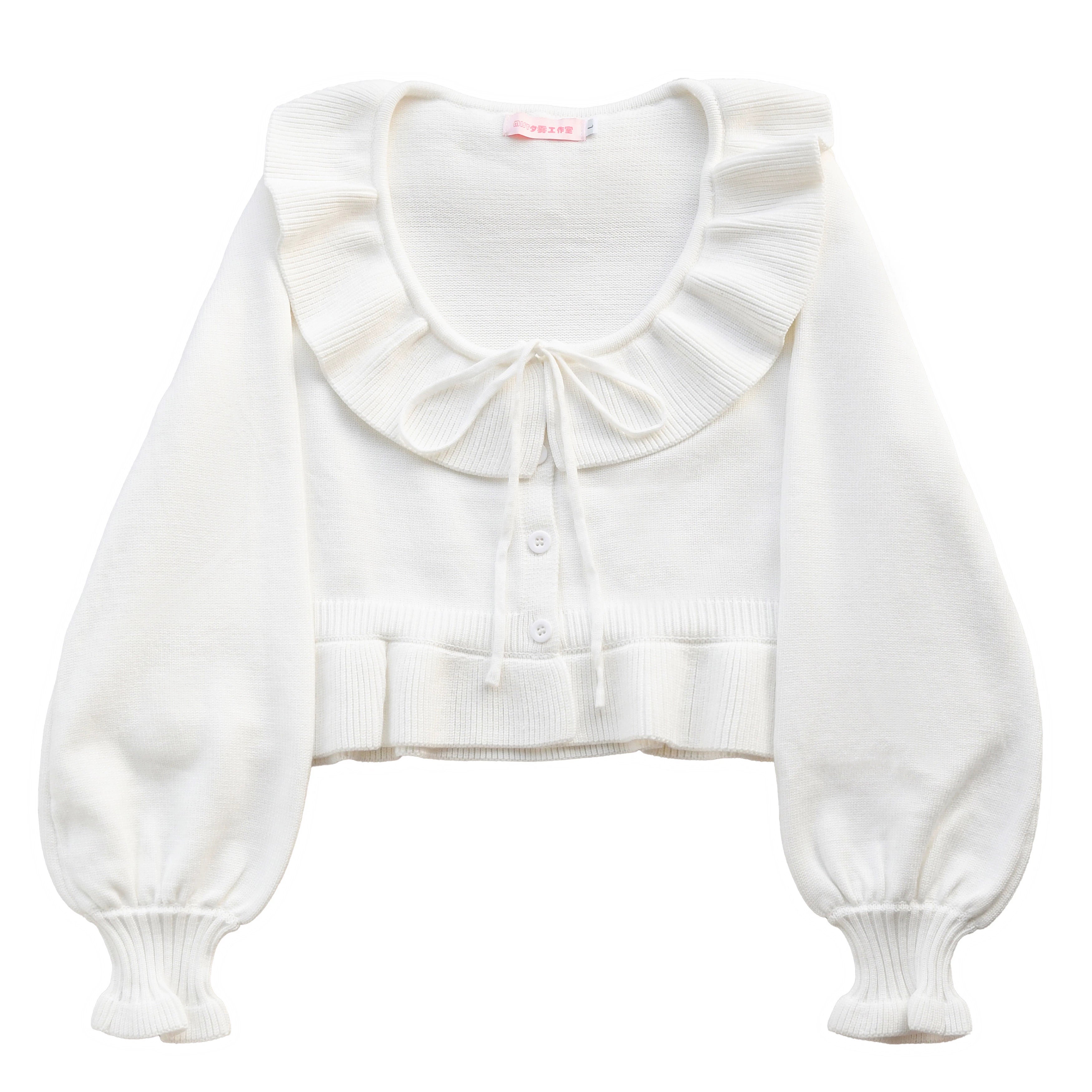 MIST - Lustre White - Kawaii Lolita Sweater Cardigan, Lantern Sleeves (L M S) 44187:797914