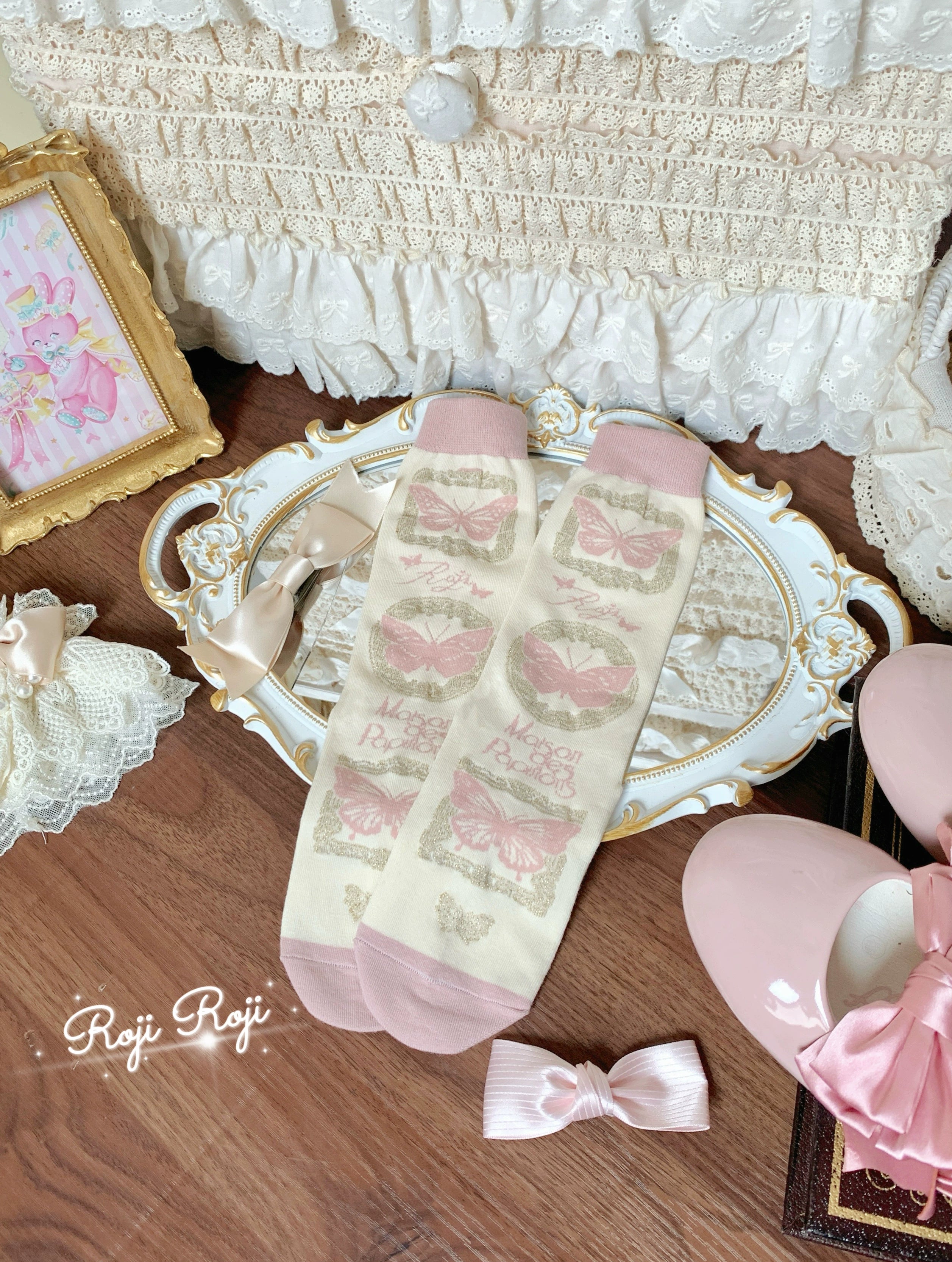Roji Roji - Sweet Lolita Cotton Socks, Detachable Cuff Bow Trim Gray-Pink Socks Only (without cuff bow trim)