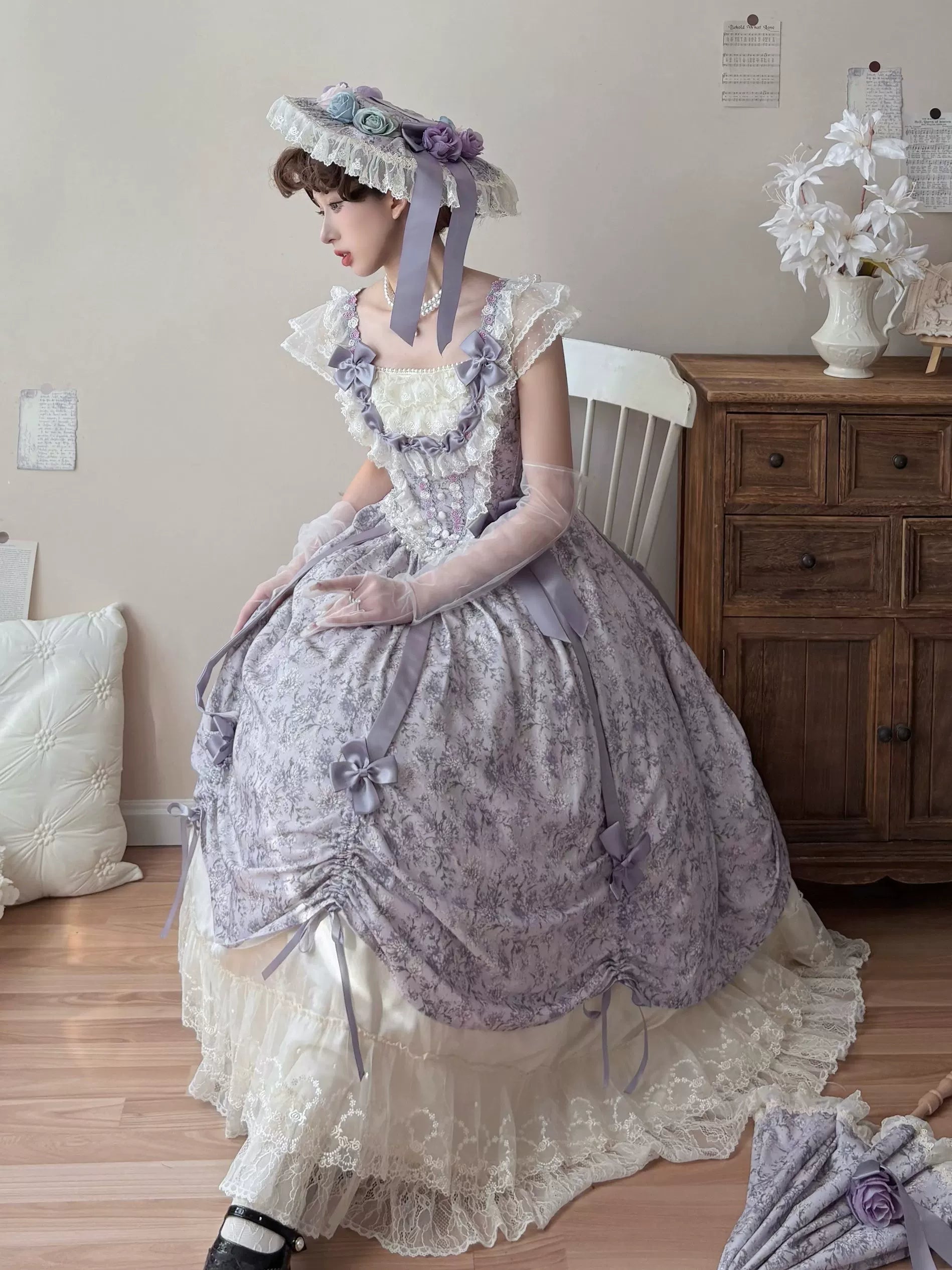 Dolota Flower Wall - Classic Lolita Floral OP Dress, Open Shoulder 44485:811156