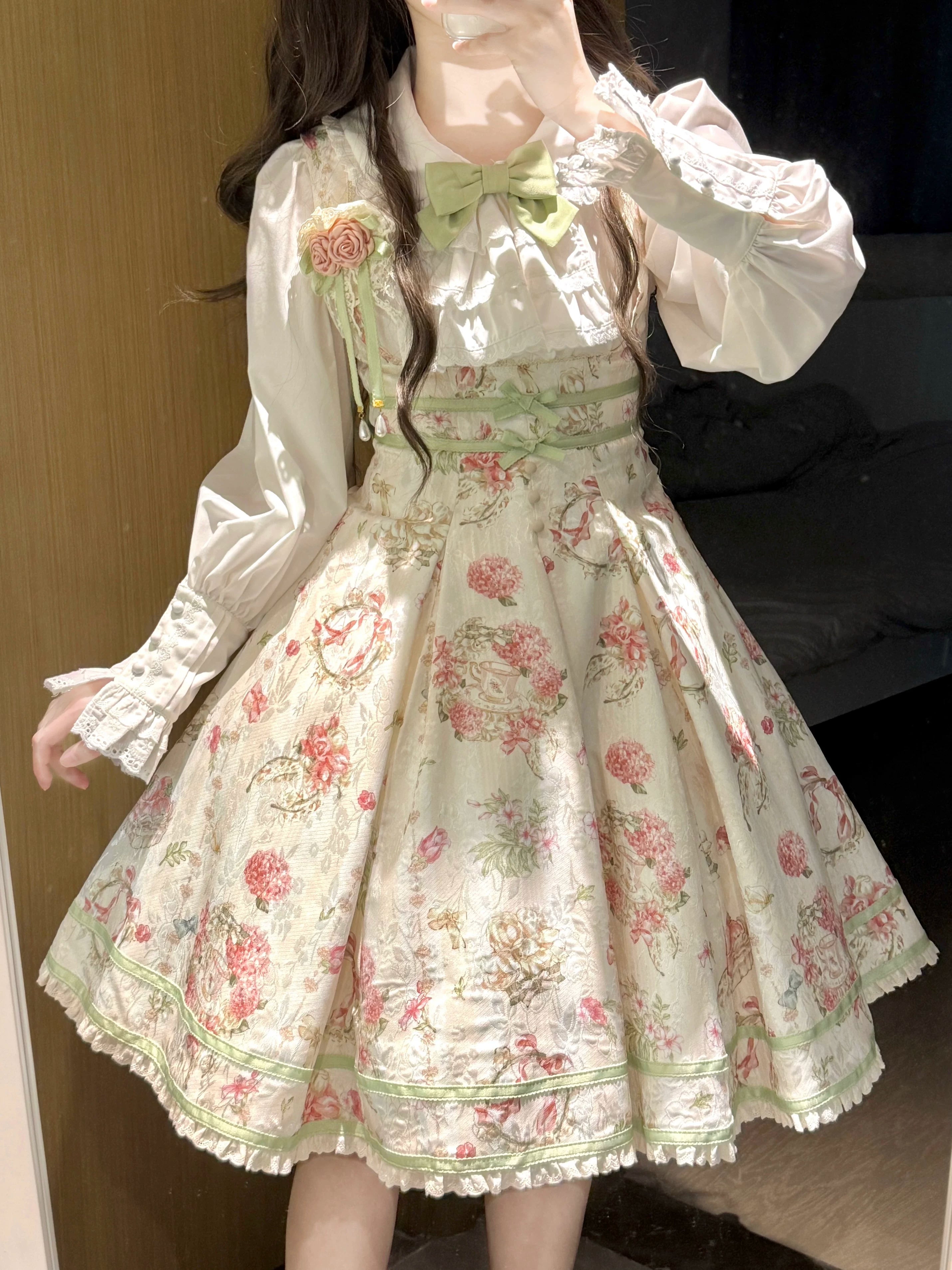 Hydrangea Tea Party - Classic Lolita Bust Supporting JSK, Mutton Sleeve Shirt