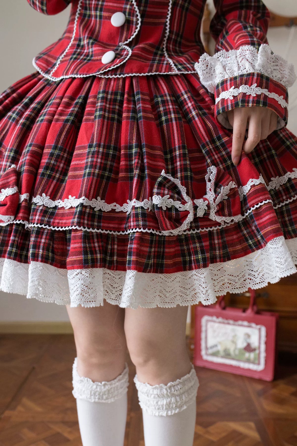Christmas Knot - Christmas Old School Lolita Jacket & Skirt Set, Red Plaid (L M S XL) 46051:873275