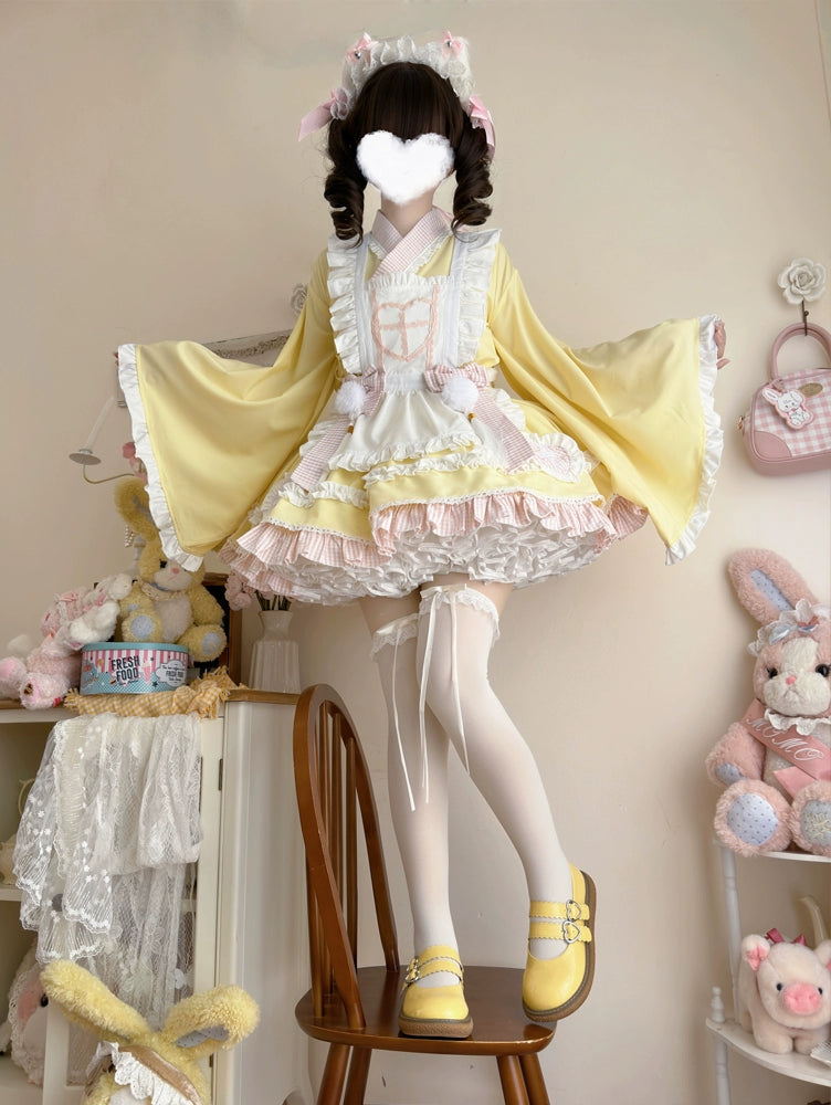 Hanguliang - Sweet Meow Nurse - Maid Lolita Skirt Set Kawaii Lolita Dress S Yellow (four-piece set + brand packaging box)