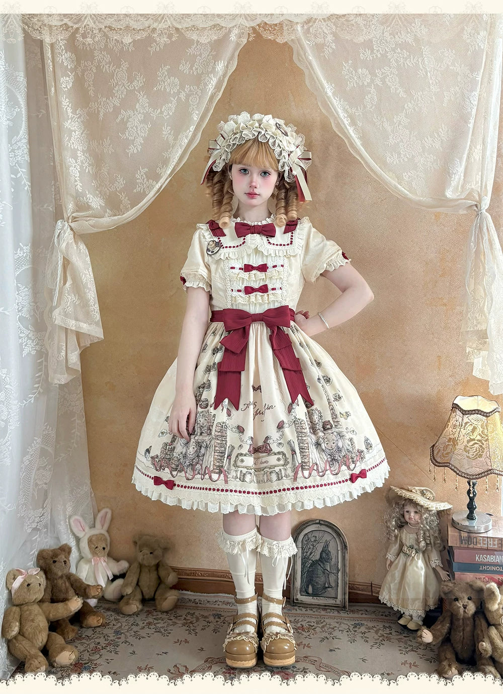 Pancake Postman - Kawaii Lolita Printed OP & Salopette Dress, Lace & Bows 45174:838612