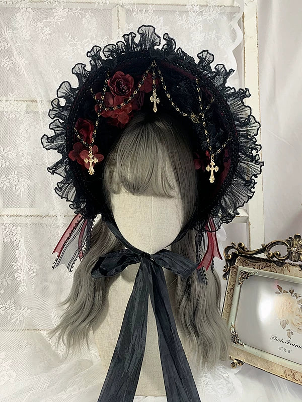 Gothic Lolita Lace BNT, Pearl Chain and Cross Pendants Black and Burgundy Red BNT (without head veil)