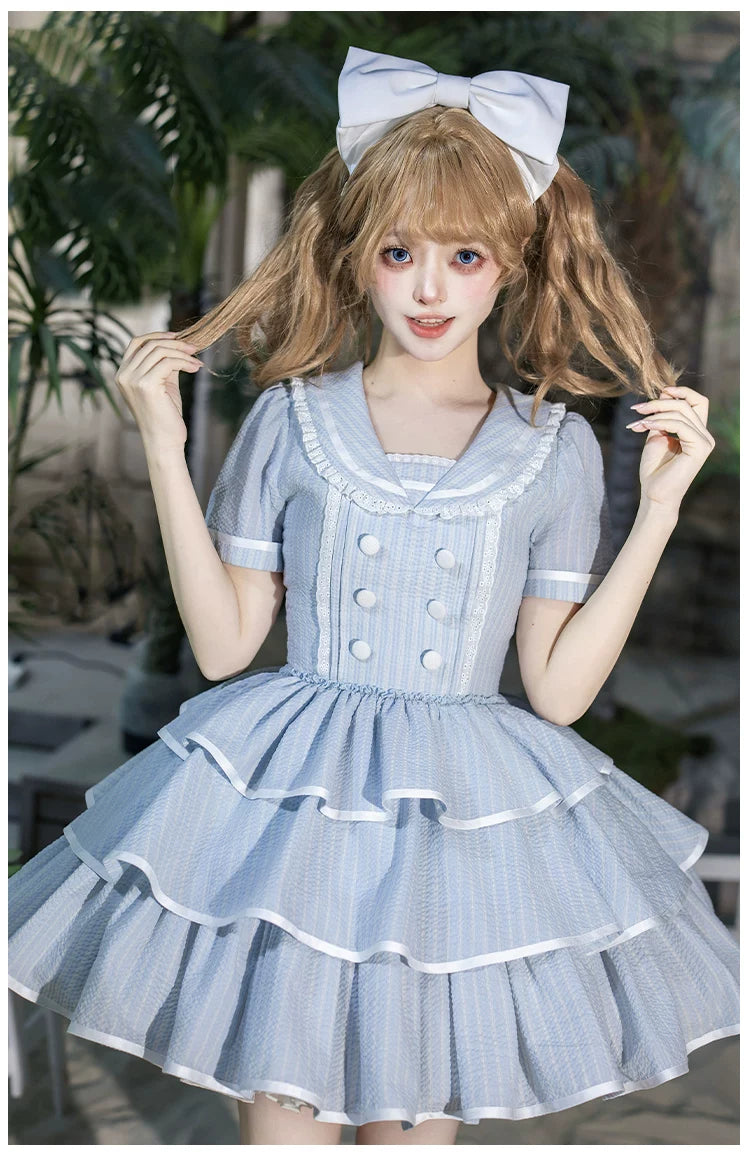 Seven-Day Bell - Blue Classic Lolita Striped OP Dress, Sailor Collar