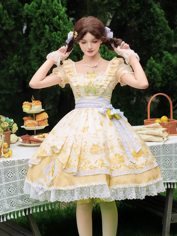 Lemon Drop - Classic Lolita Lemon & Bear Printed OP Dress 45501:851108