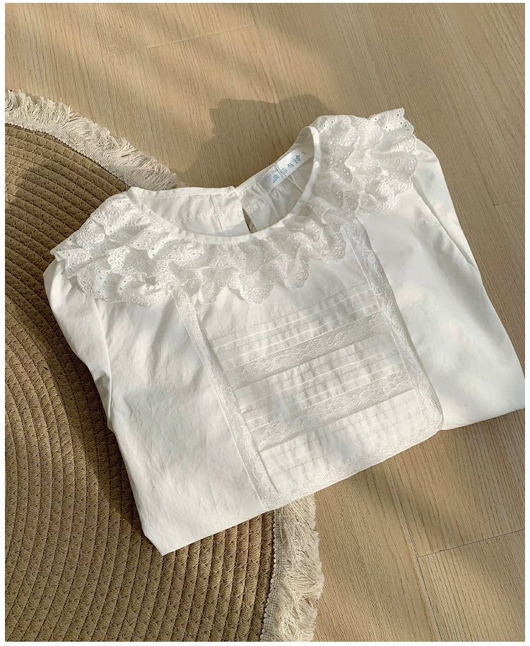 Jennie - Sweet Lolita Cotton Shirt, Ruffled Round Collar