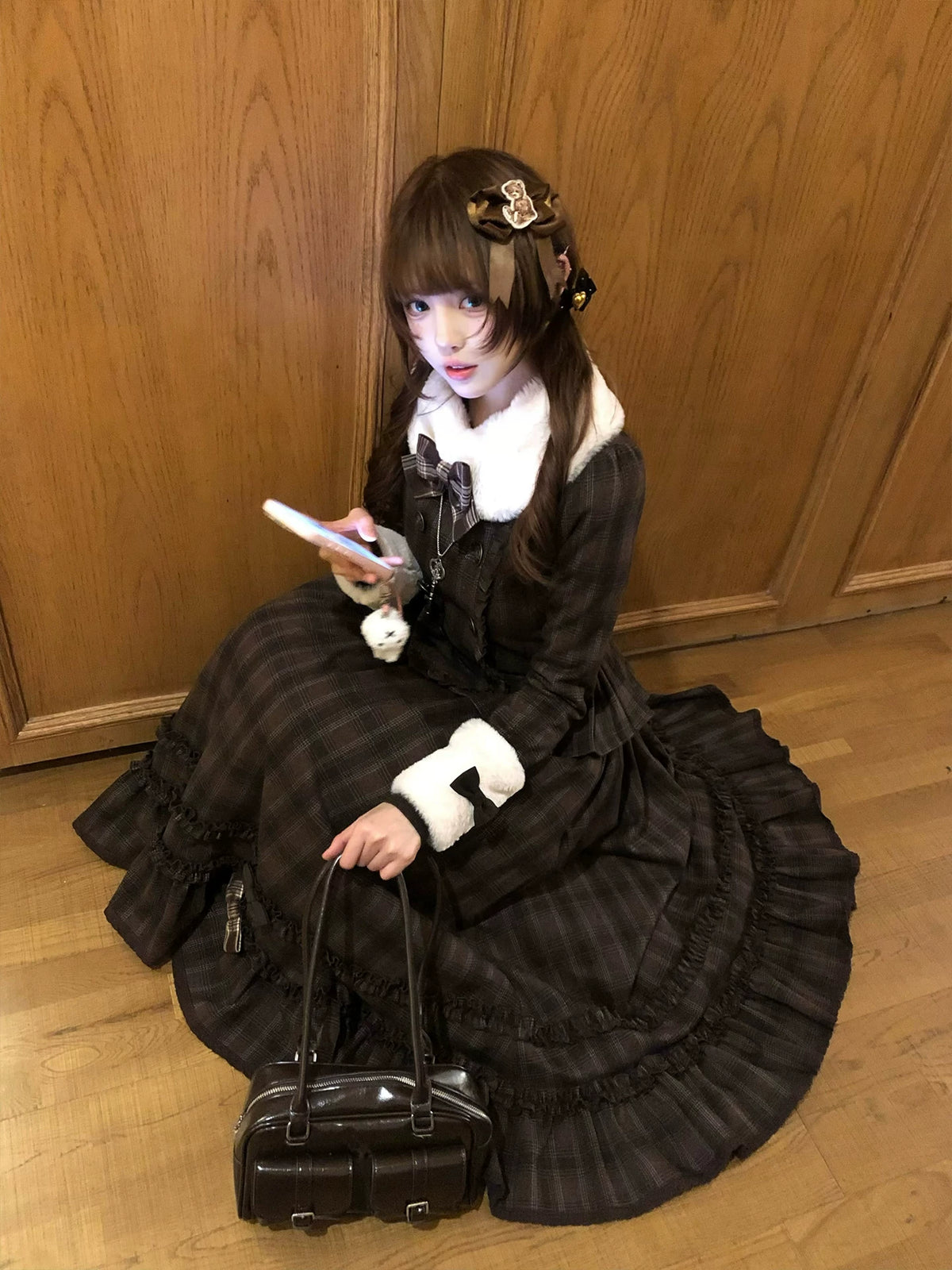 Filled Chocolate - Winter Classic Lolita Plaid Coat Set, Detachable Plush Collar 45900:867126