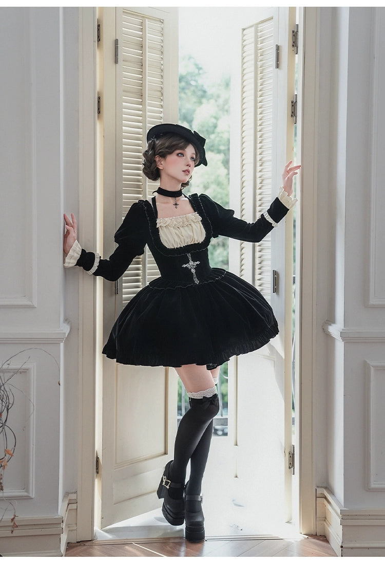 With PUJI - Apocalypse - Gothic Lolita Velvet OP Dress Set, Fishbone Waist 44128:797096