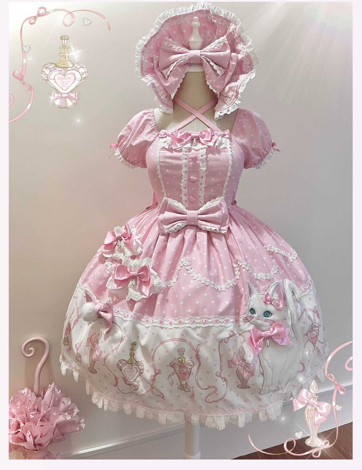 Perfume Kitty - Cotton Old School Lolita OP Dress, Perfume Print & Cat Patch 46037:873486