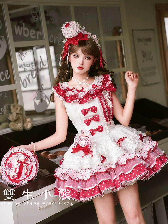 Shuang Sheng Xiao Xiong - Bite The Cake - Sweet Lolita Dress, Red & White Polka Dots 43600:780693