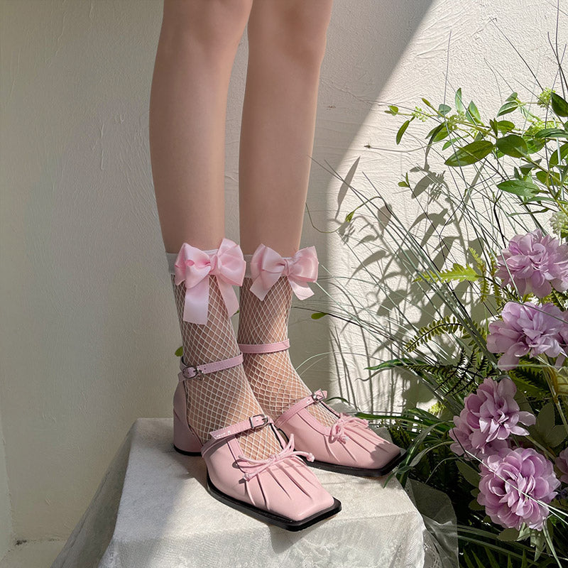 WAGUIR~Sweet Lolita Short Fishnet Socks Multicolor white socks pink bows free size 