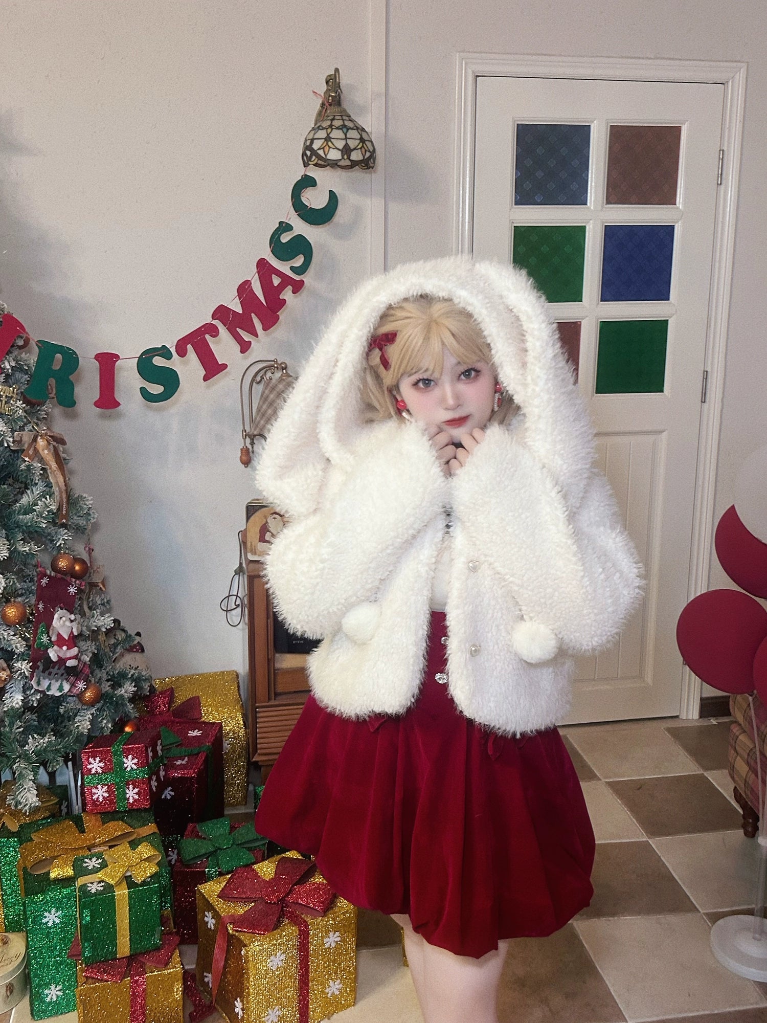 Yingtang - Plus Size Lolita Christmas Plush Coat Dress Set XL White coat