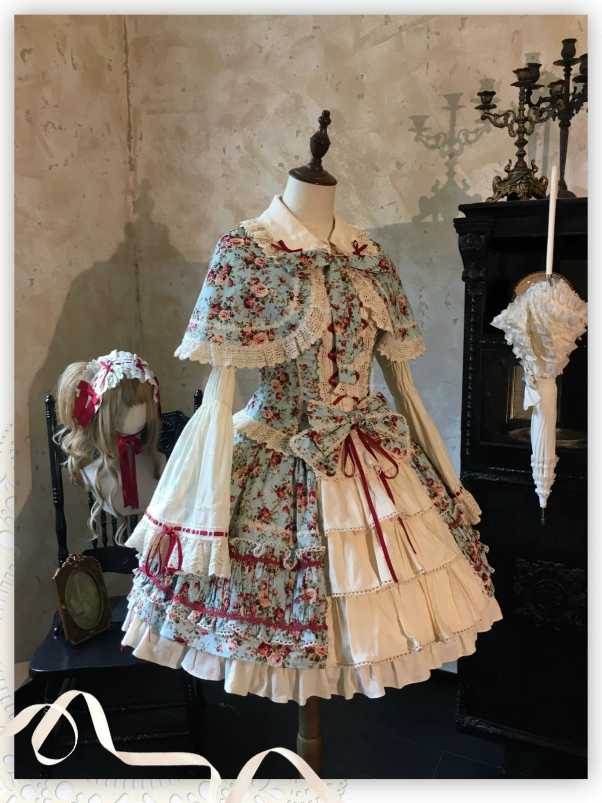 Old Rose Garden - Cotton Old School Lolita Top & Skirt Set, Floral Print (Blue / L M S XL XS) 45886:866531