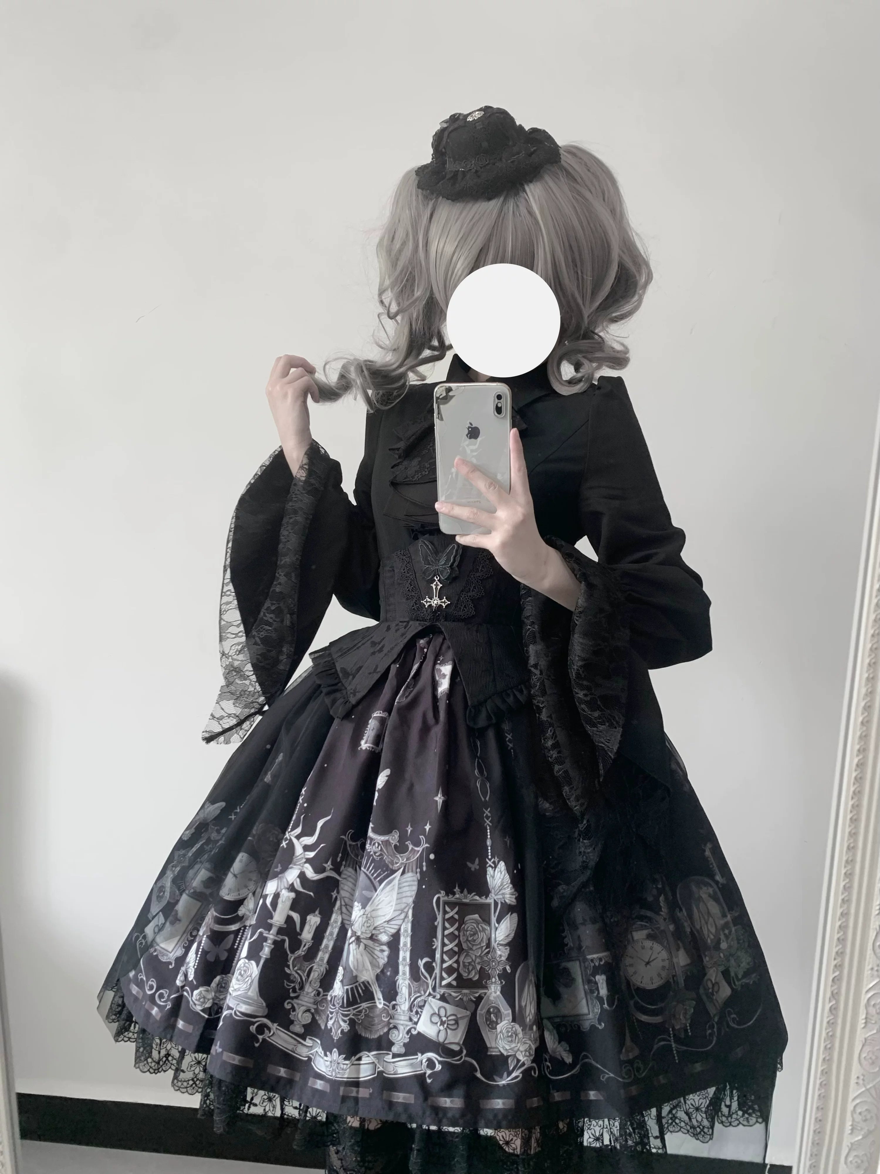 Butterfly Shadow - Halloween Gothic Lolita Fishbone Skirt & Shirt, Butterfly Print