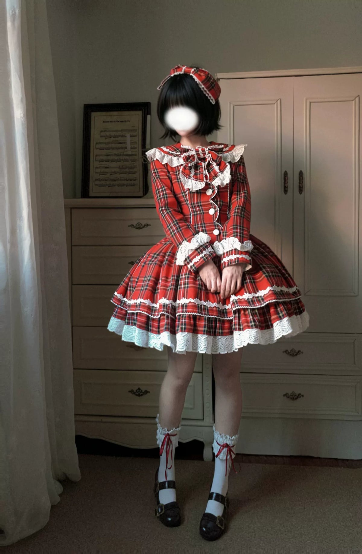 Christmas Knot - Christmas Old School Lolita Jacket & Skirt Set, Red Plaid 46051:873306
