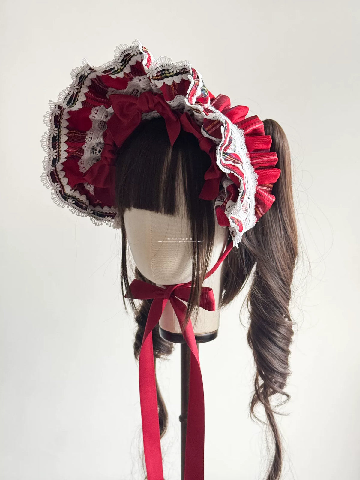 Red Plaid Lolita Headdress, Wire-edged Bunny Ear BNT