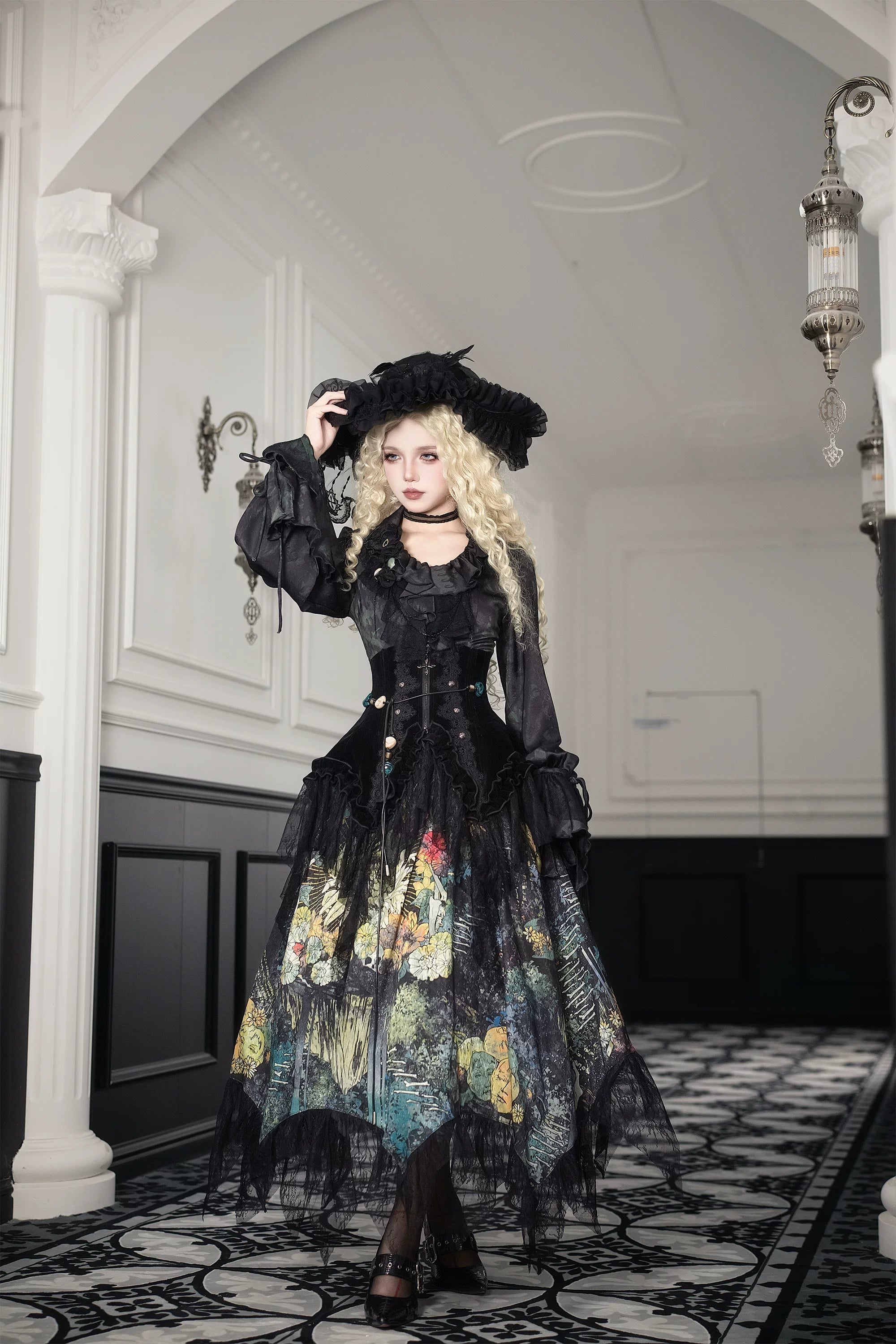 Bone Garden - Printed Gothic Lolita Skirt, Boning Corset