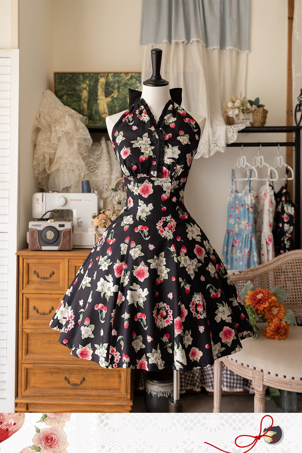 Forest Wardrobe - Summer Berry Picture Book - Elegant Classic Lolita Dress Halter Neckline Floral Print Dress