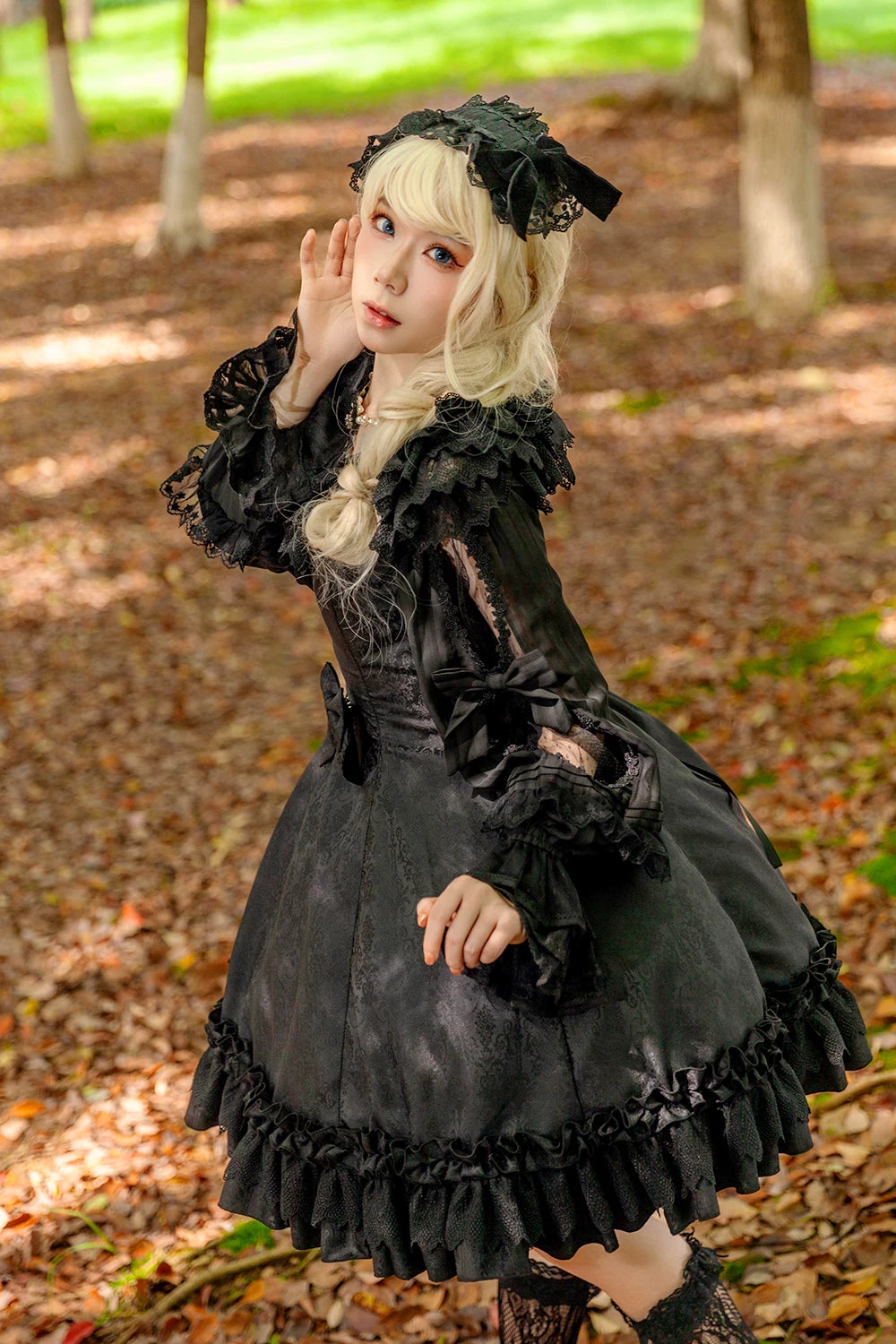 Canon Of Floral Melody - Gothic Lolita Black JSK Dress, Jacquard Pattern