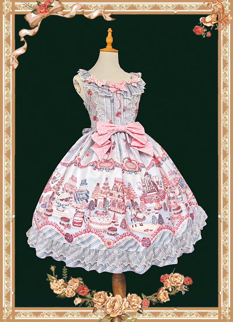 Candy House - Old School Lolita Cake Print JSK Dress, Side Zipper