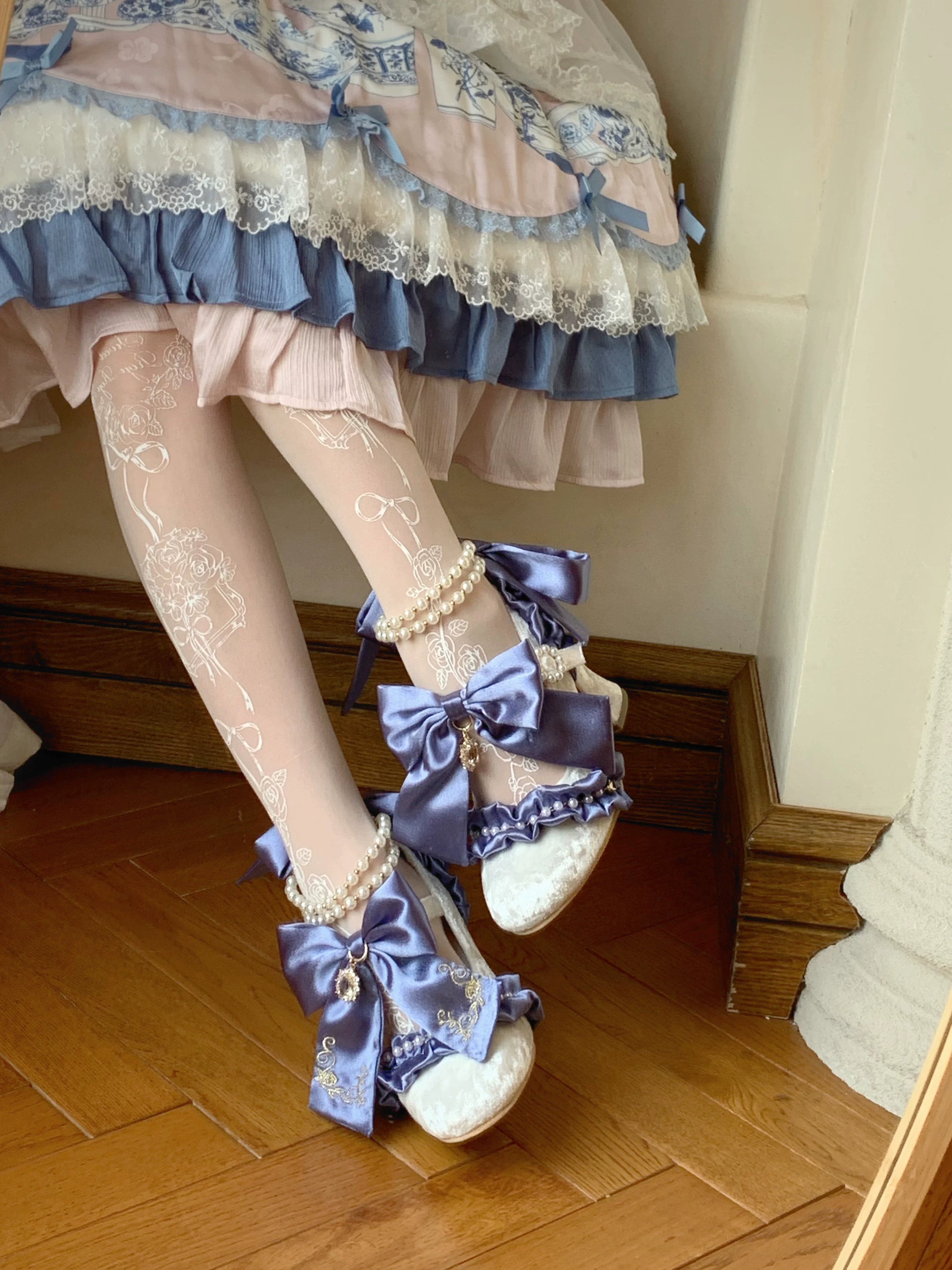 Ribbon Anthem - Wedding Classic Lolita Heels, Detachable Bow & Pearl Ribbon 44844:825874