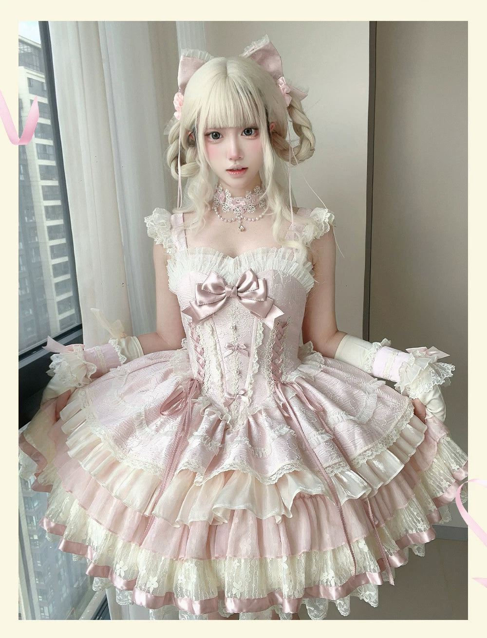 Lotus Crossing - Sweet Lolita Tiered Hem JSK Dress with Satin Bow 45302:844777