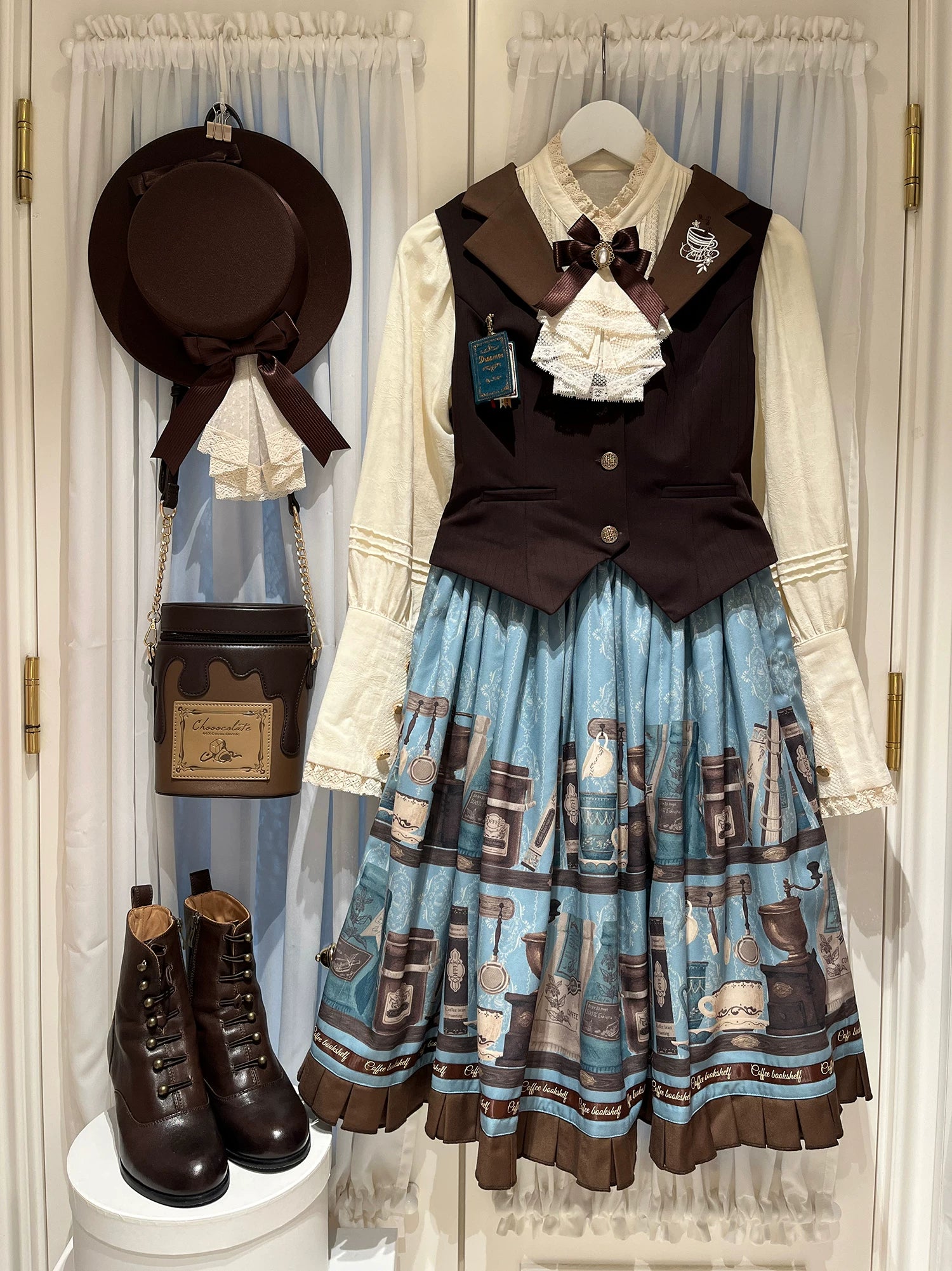 Coffee Bookshelf - Classic Lolita JSK and SK Set, Coffee Cup and Book Print 45611:856225