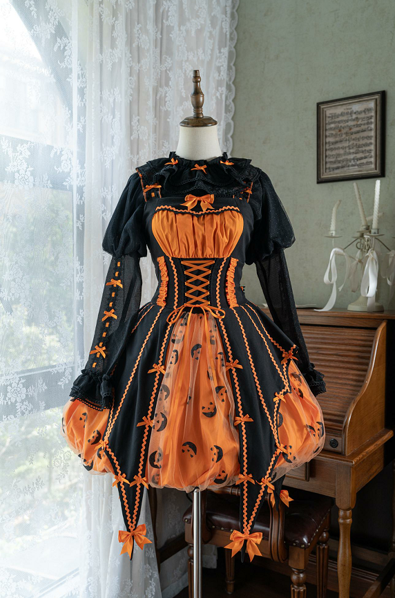 Lemon Honey - Halloween Gothic Lolita Jumper Dress, Pumpkin-inspired Dress Dress S Pumpkin Color