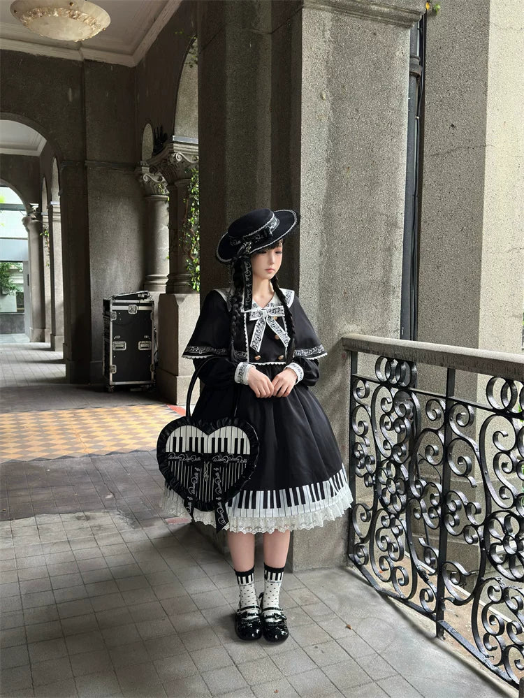 Piano Serenade - Old School Lolita Cape Layered Dress, Musical Note Embroidery 45785:862535