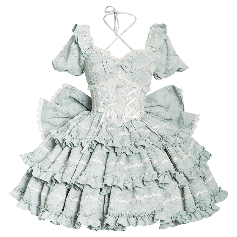 OCELOT - Puff Rose - Sweet Lolita OP Princess Bow Trailing Lolita Dress Mint (OP with large back bow) S