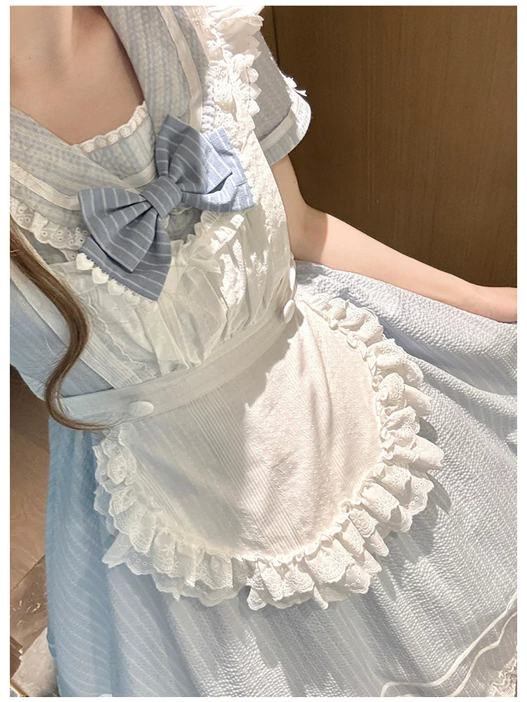 Seven-Day Bell - Blue Classic Lolita Striped OP Dress, Sailor Collar