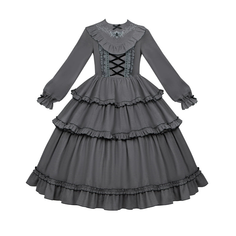 With PUJI - Castle Night - Gothic Twins Lolita OP Three-tiered Embroidery Dress Gray spider web embroidered OP only S