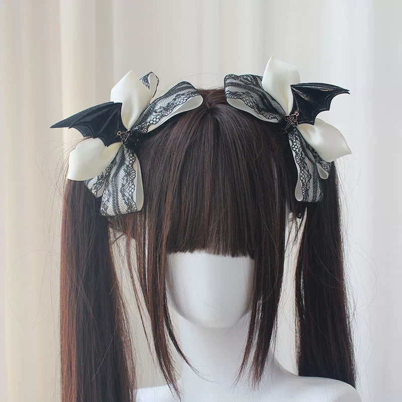 Gothic Lolita Hair Clips, Cross & Devil Wings White