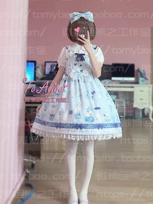 To Alice - Dear Dolls - Kawaii Lolita JSK Dress, Bear & Bunny Print 44016:791833