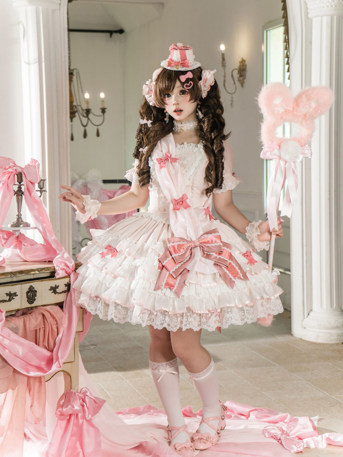 Sparkle Annie - Plus Size Sweet Lolita Top & SK Set, Cream Pink Pinstripe 45943:869226