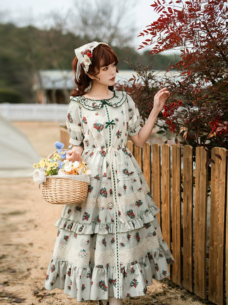 Country Lolita OP Dress Cherry Floral Prints Lolita Dress – 42Lolita