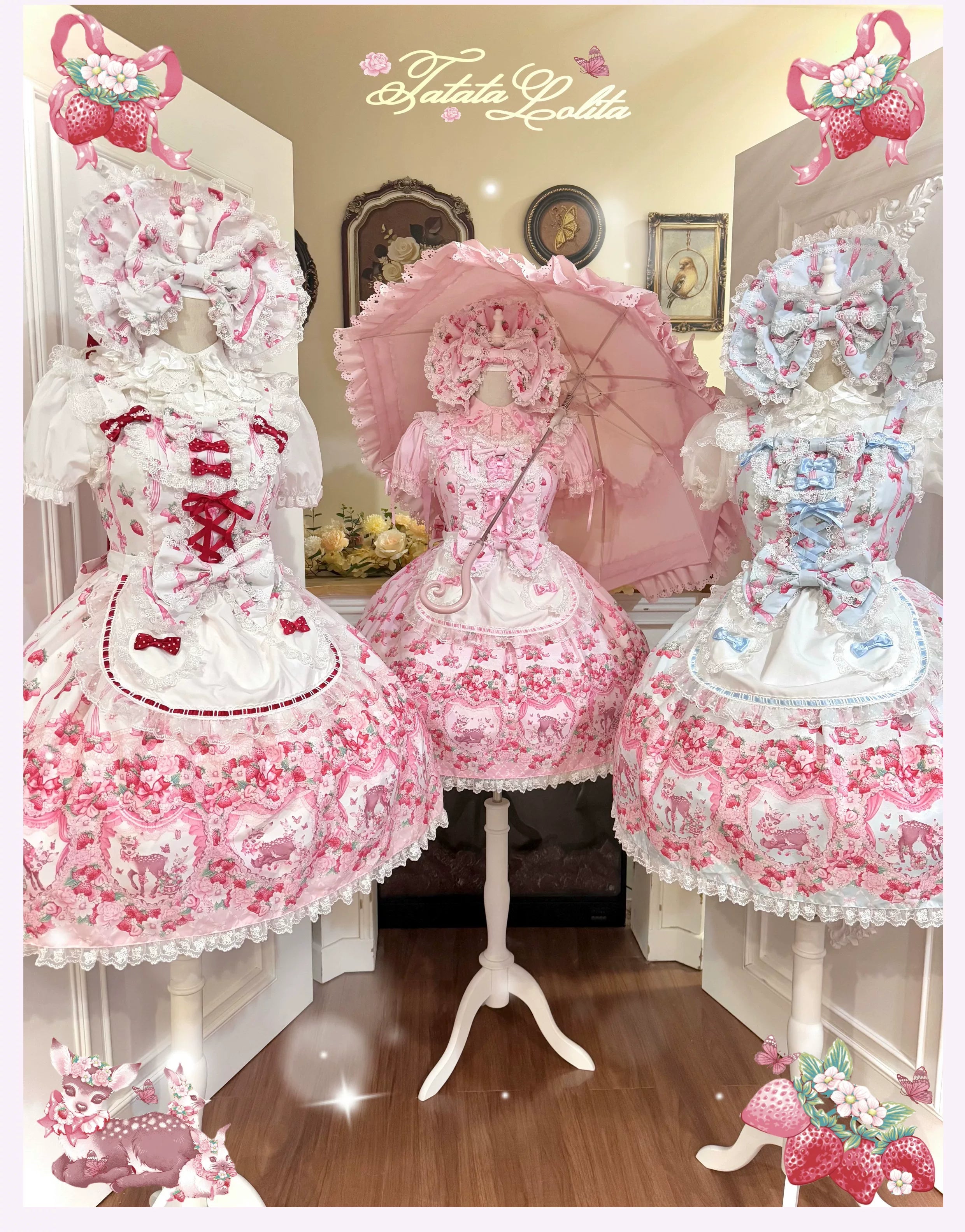Deer Strawberry Garden - Old School Lolita Deer & Strawberry Printed JSK Dress 45681:860539