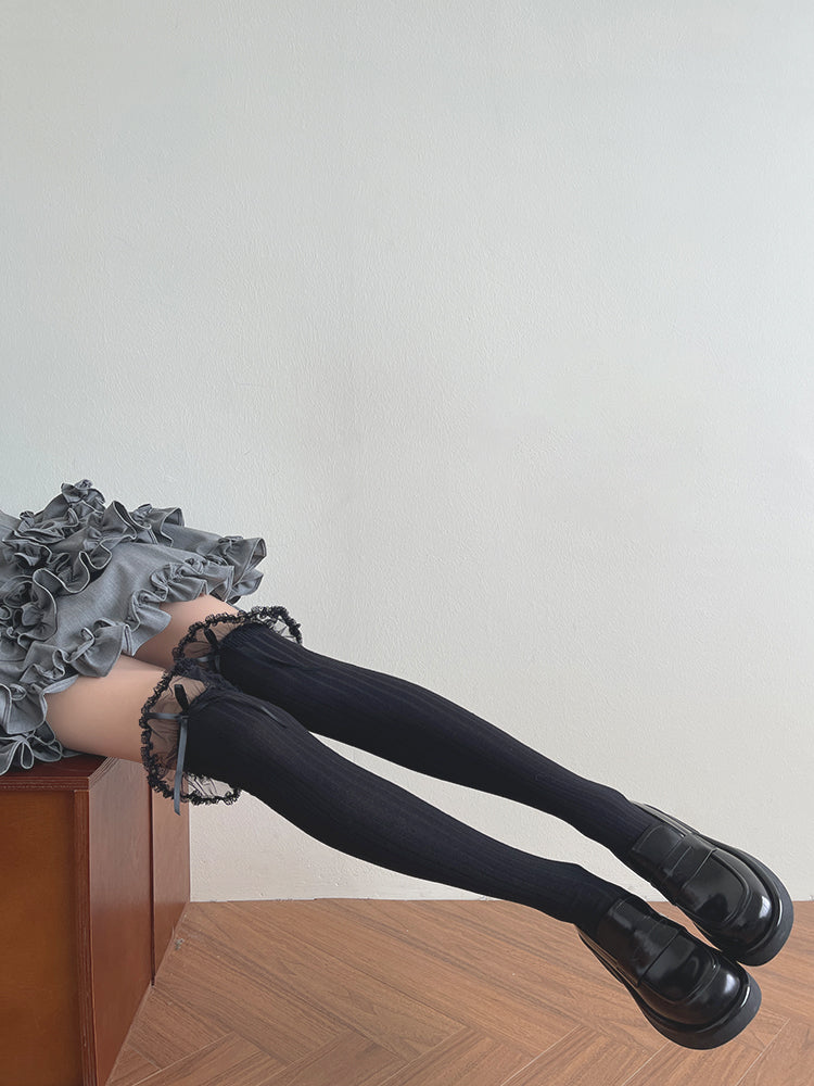 WAGUIR - Daily Lolita Stockings Over-the-Knee Cotton Long Socks Black One Size (fits sizes 35-39)