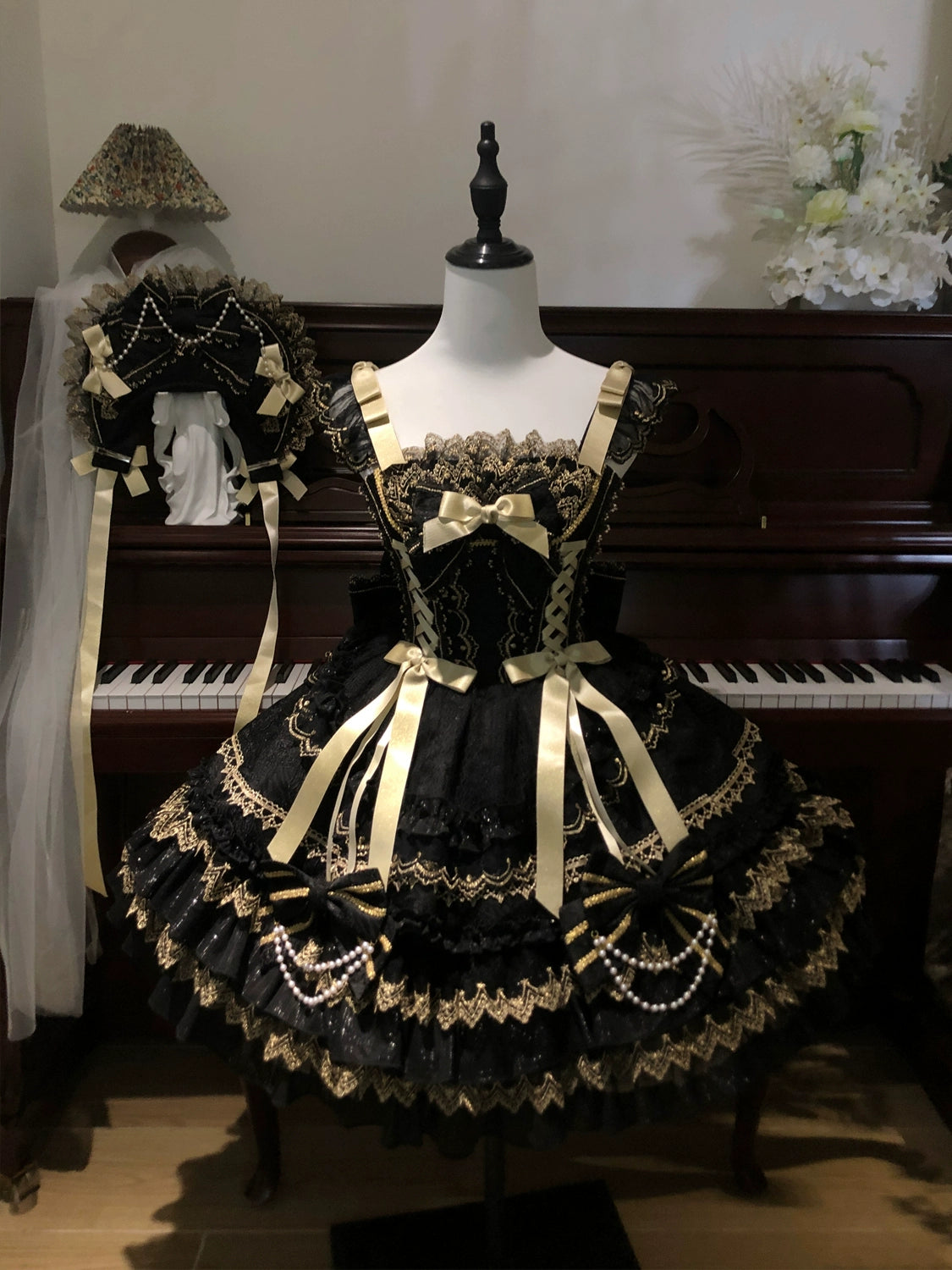 Hanguliang - Gilded Memories - Princess Lolita Jumper Dress, Tiered Ruffles Black JSK Only S