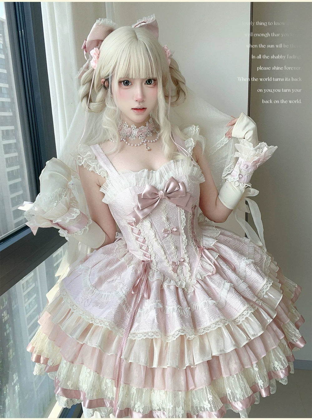 Lotus Crossing - Sweet Lolita Tiered Hem JSK Dress with Satin Bow 45302:844781