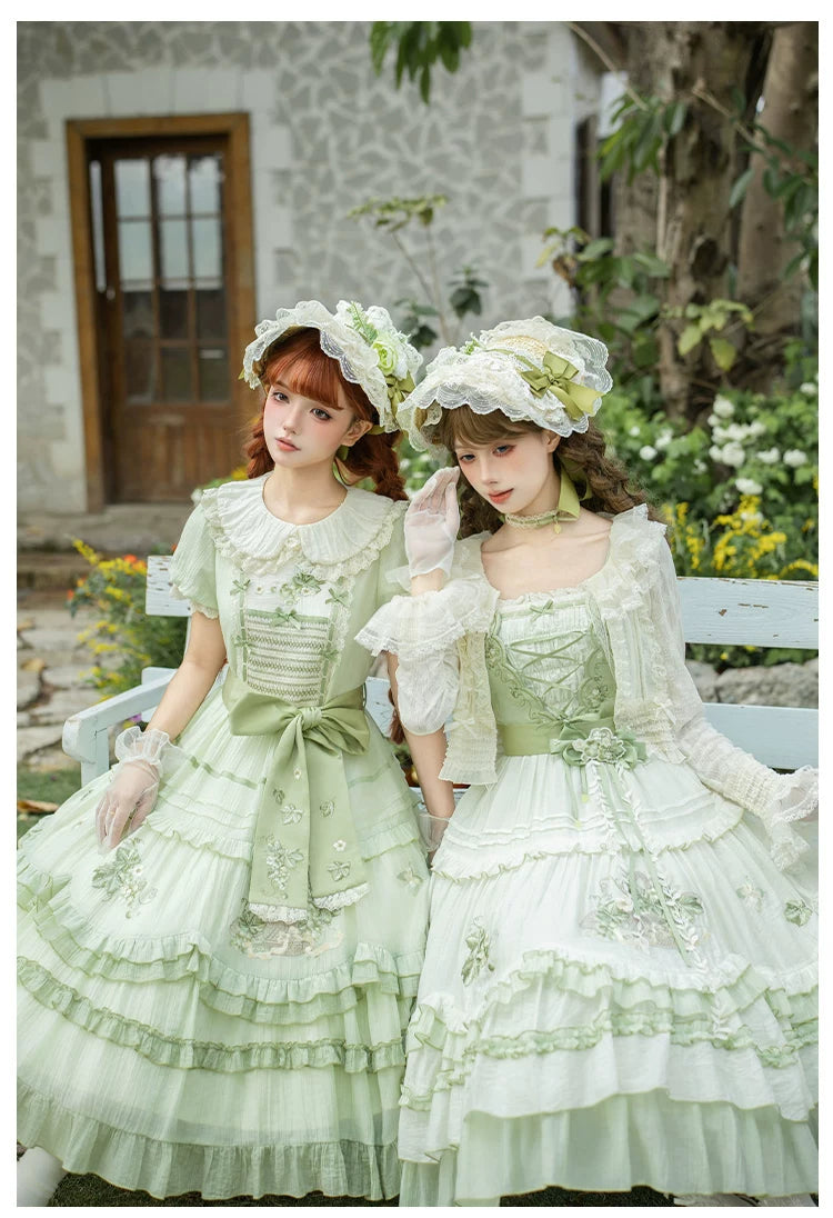 Green Grape - Embroidered Country Lolita OP Dress, Tiered JSK