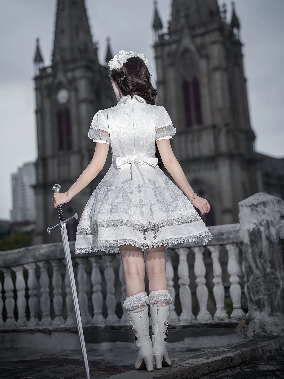 White Classic Lolita Printed OP Dress with Cross