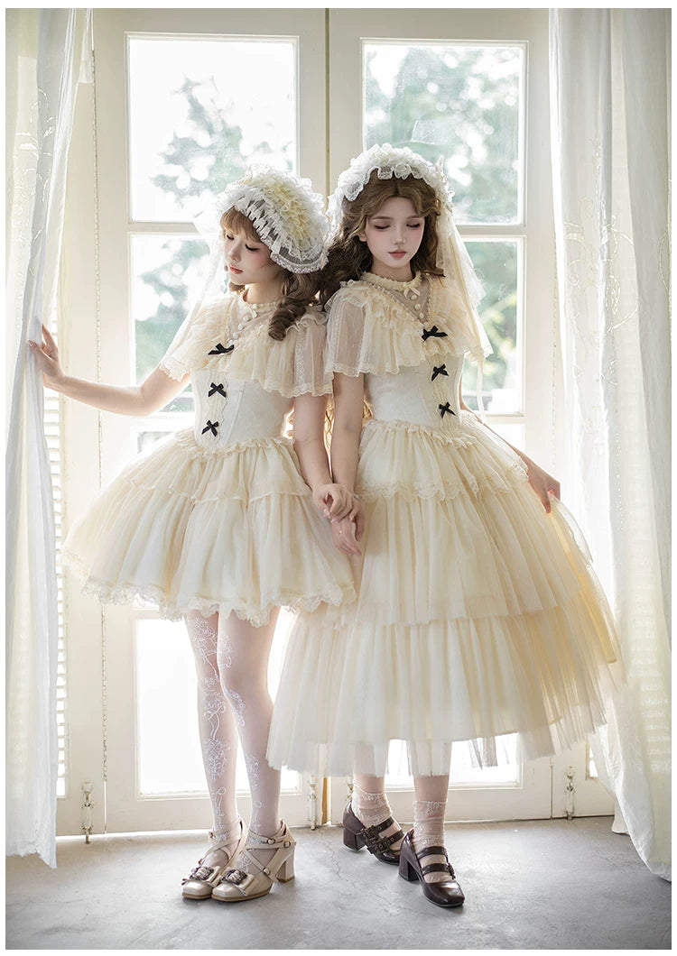 White Mist Promise - Classic Lolita Corset OP Set, Edwardian Collar & Tiered Hem 45173:838315