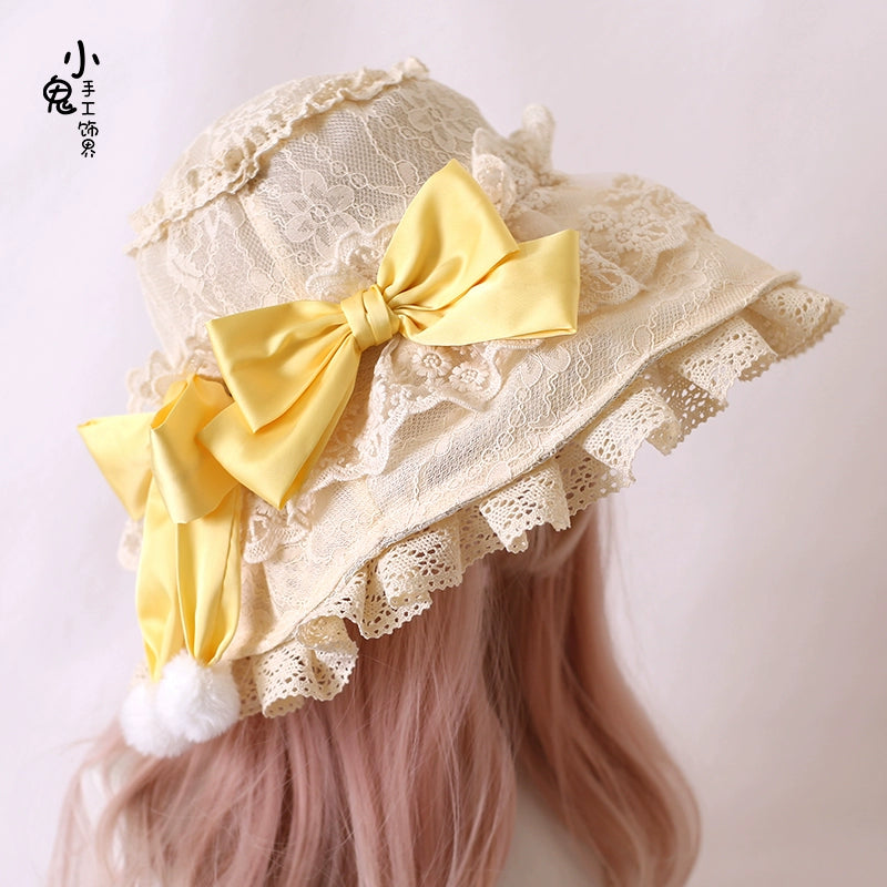 Xiaogui - Retro Lolita Hat Lace Handmade Doll Hat with Multicolor Bows One Size beige hat with yellow bow